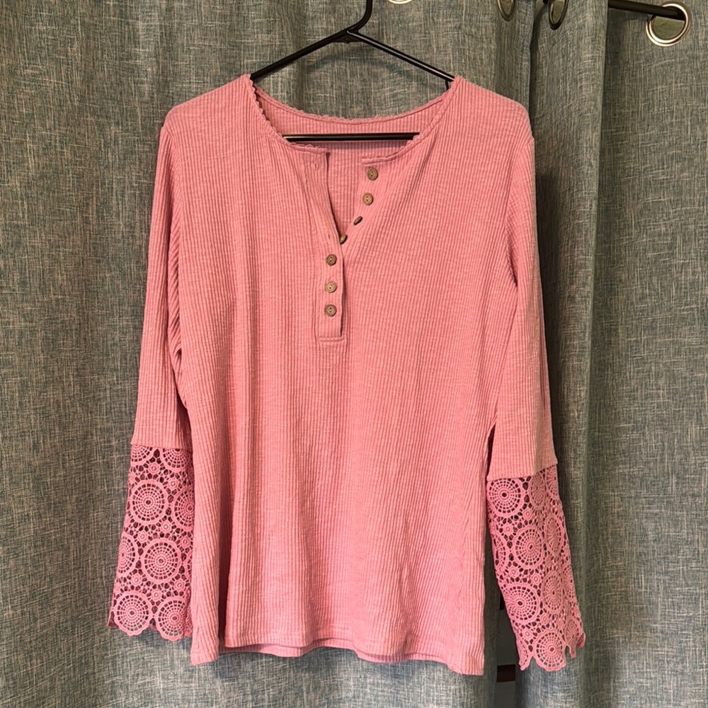 Soft Pink Long Sleeve Polo Top with Lace Detailing